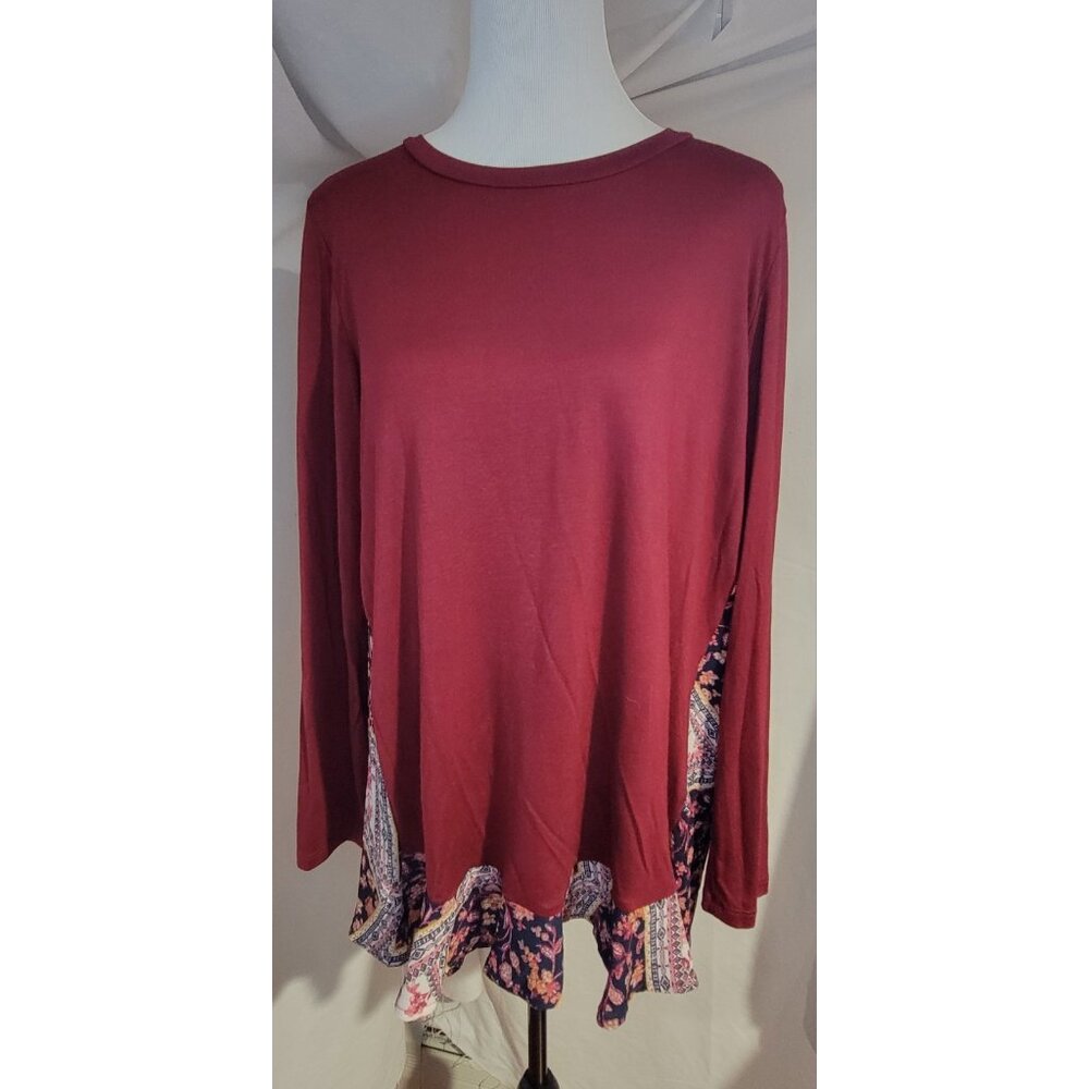 Boho Tunic Top Womens Medium Burgundy Floral Patchwork Hem Long Sleeve Soft Knit
